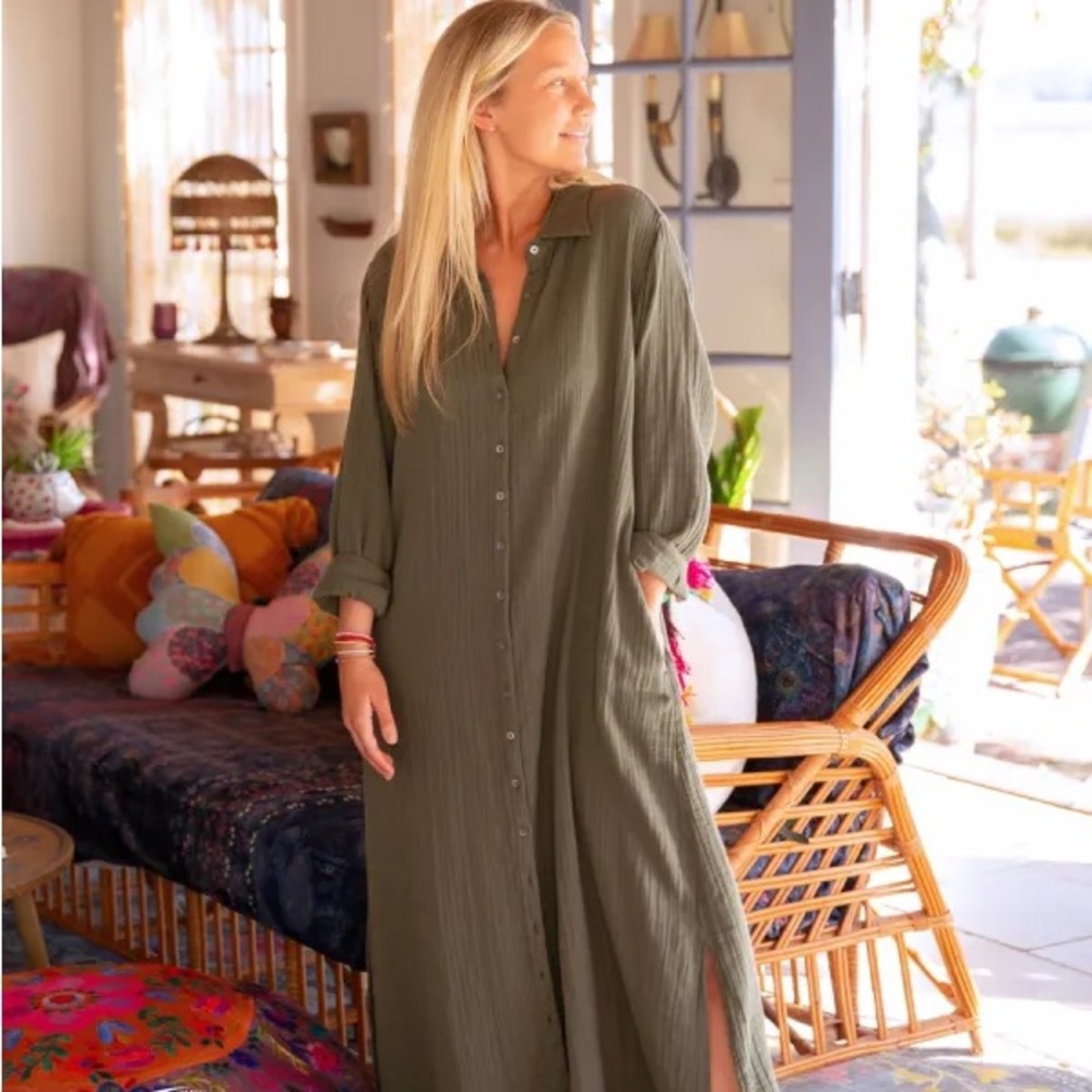 NATURAL LIFE Drew cotton gauze Olive Button Down Shirt Dress